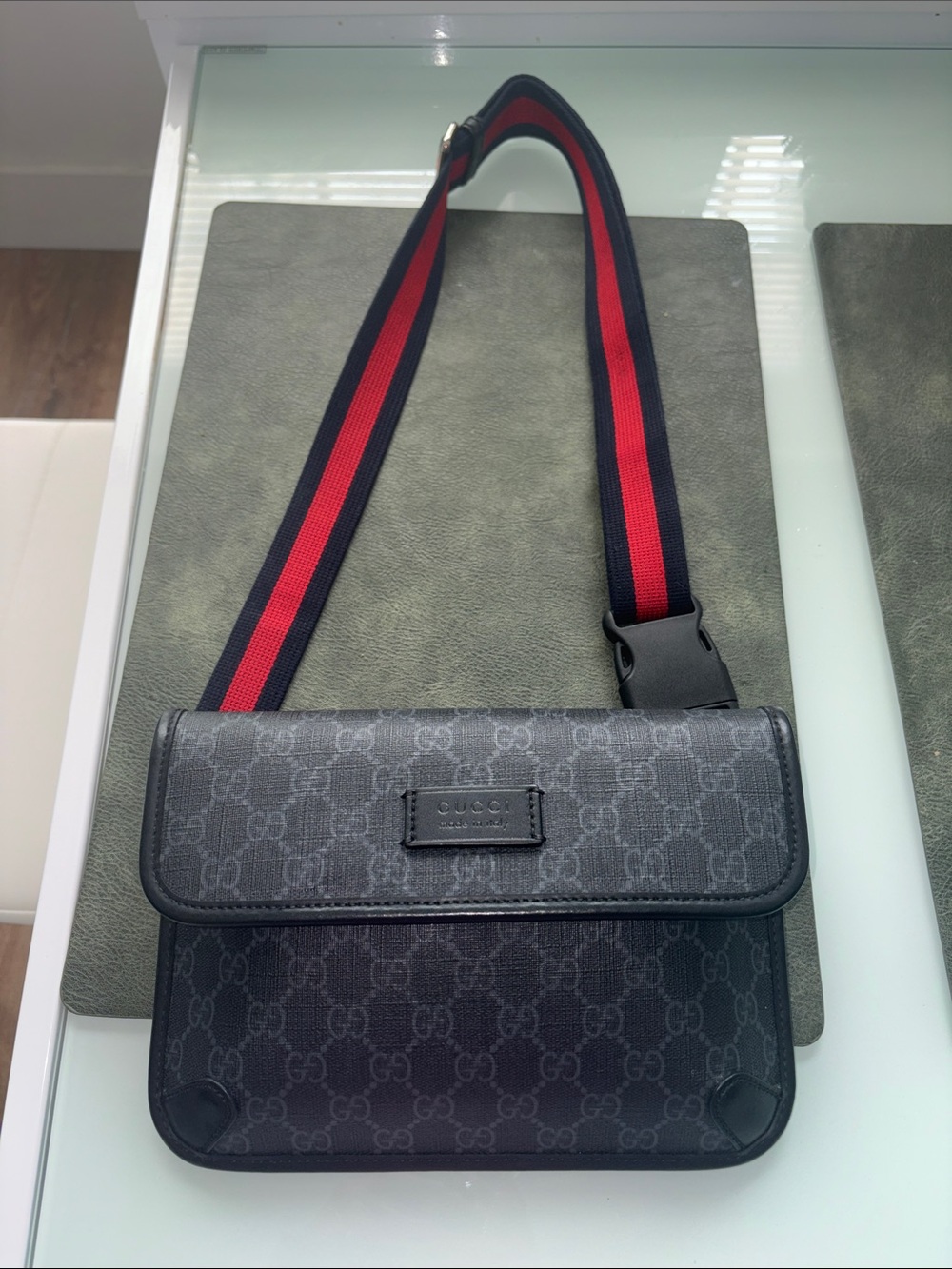 Gucci Black GG Supreme Messenger with Red and Navy Web Strap